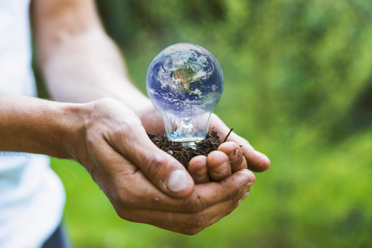 Lampadina contenente il pianeta Terra e tenuta fra due mani. Metafora di soluzioni ambientali integrate.
